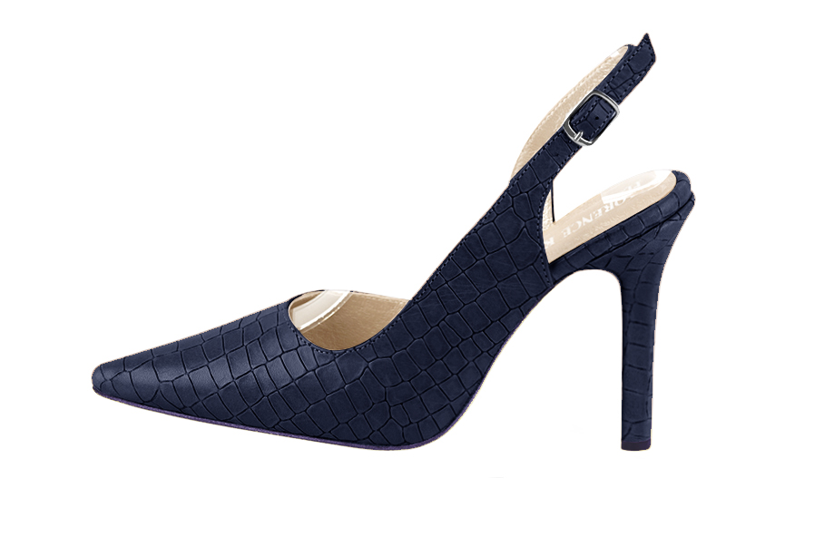 Navy blue women's slingback shoes. Pointed toe. Very high slim heel. Profile view - Florence KOOIJMAN